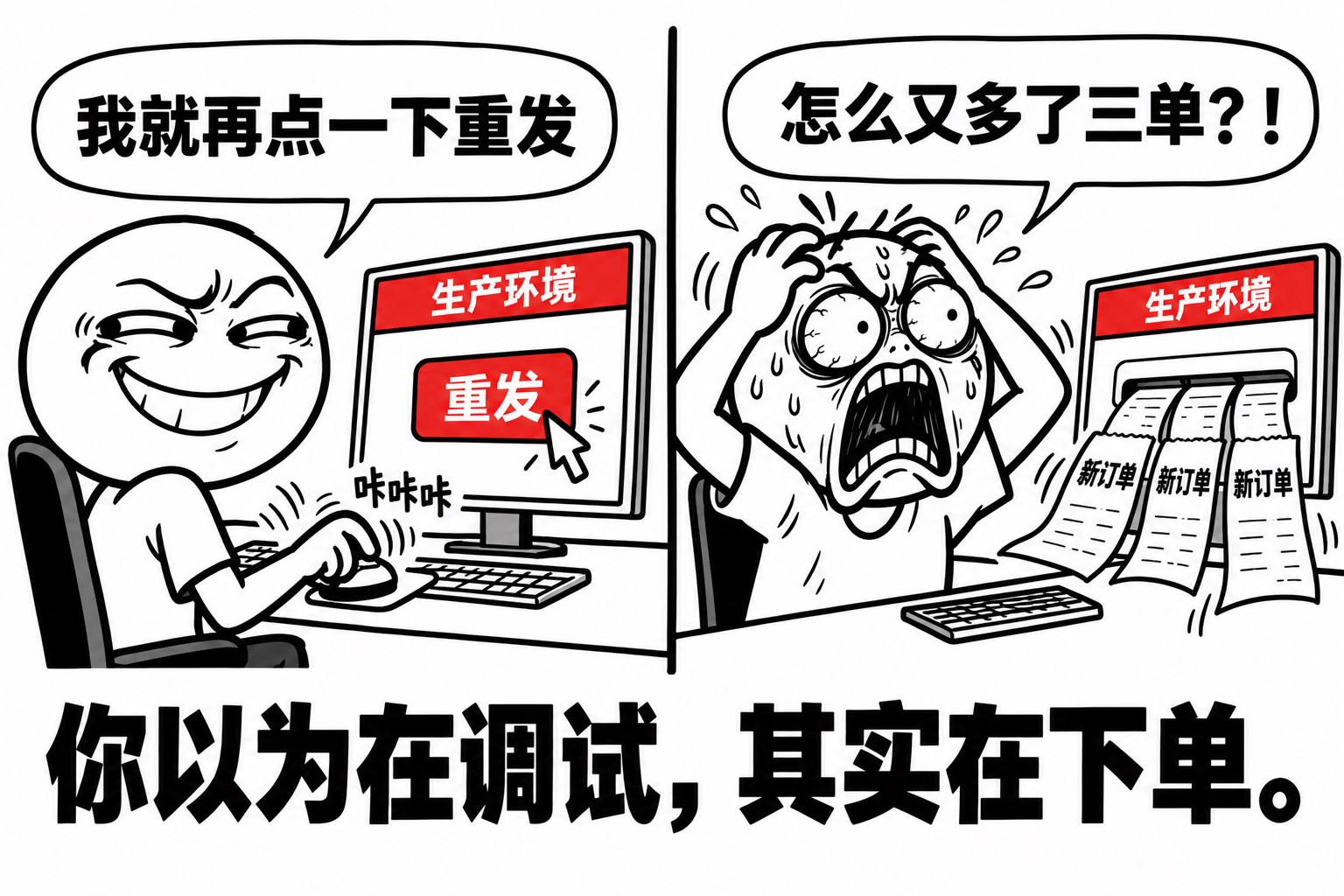 暴走漫画式表情图:程序员反复重发生产请求,发现多了三笔订单后崩溃